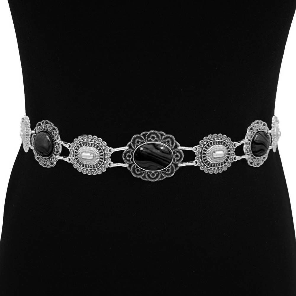Vintage-Inspired Silver & Black Waist Chain Statement Belt